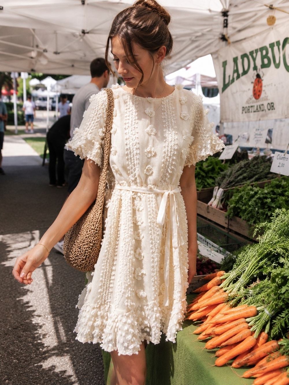 Women's Cream Textured Pom-Pom Mini Dress